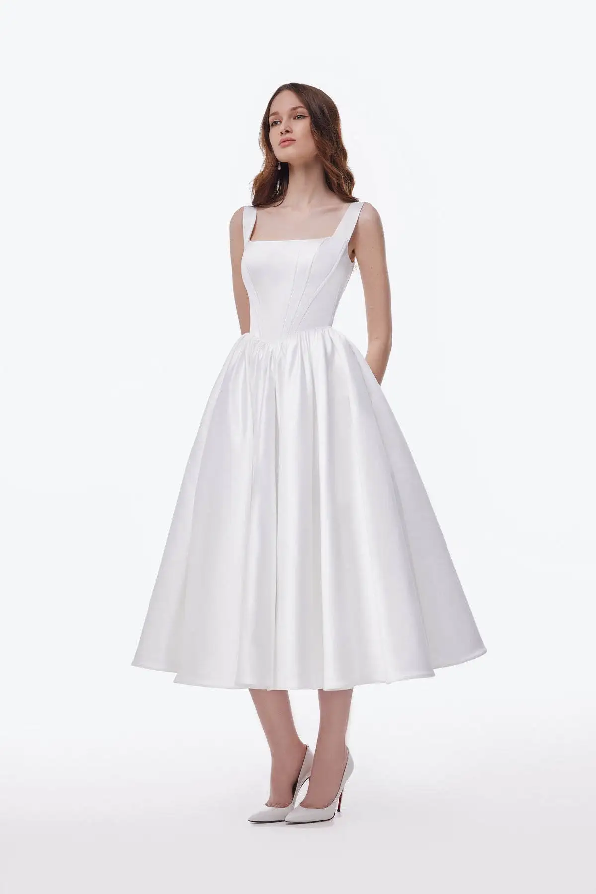 Classic A Line Vestido De Novia Square Collar Strap Wedding Floor Mini Midcalf Length Pleats Sweep Train Satin Bridal Dress