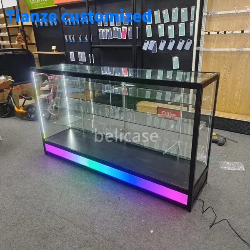 

(Customized) 6ft Glass Display Showcase with Running Light Aluminum Frame Floor Standing Display Counters Smoke Shop Display Cas