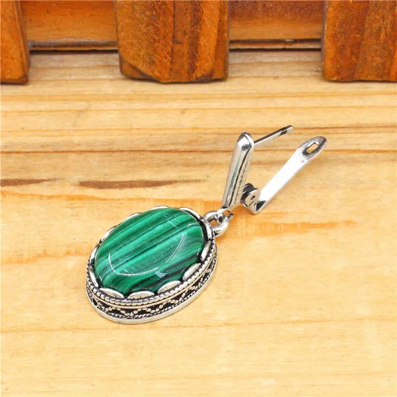 Flower Oval Malachite Dangle Earrings Vintage Look Antique Silver Plated Fashion Jewelry TE110