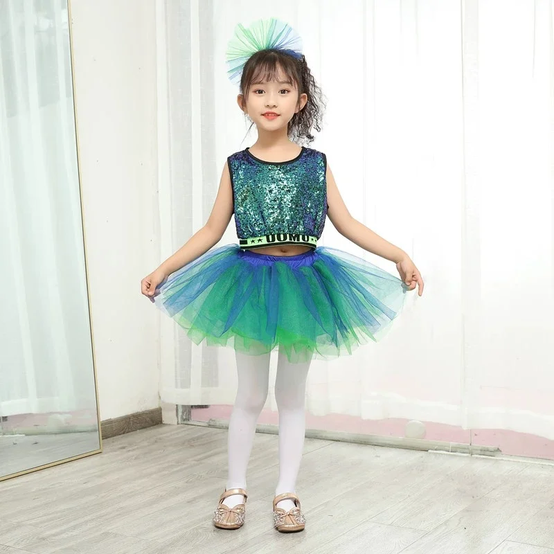 

Green Jazz Dance Costume Girls Contemporary Freestyle Sequin Dance Costume Suit Girls Children Stage Wear Festival Celebration