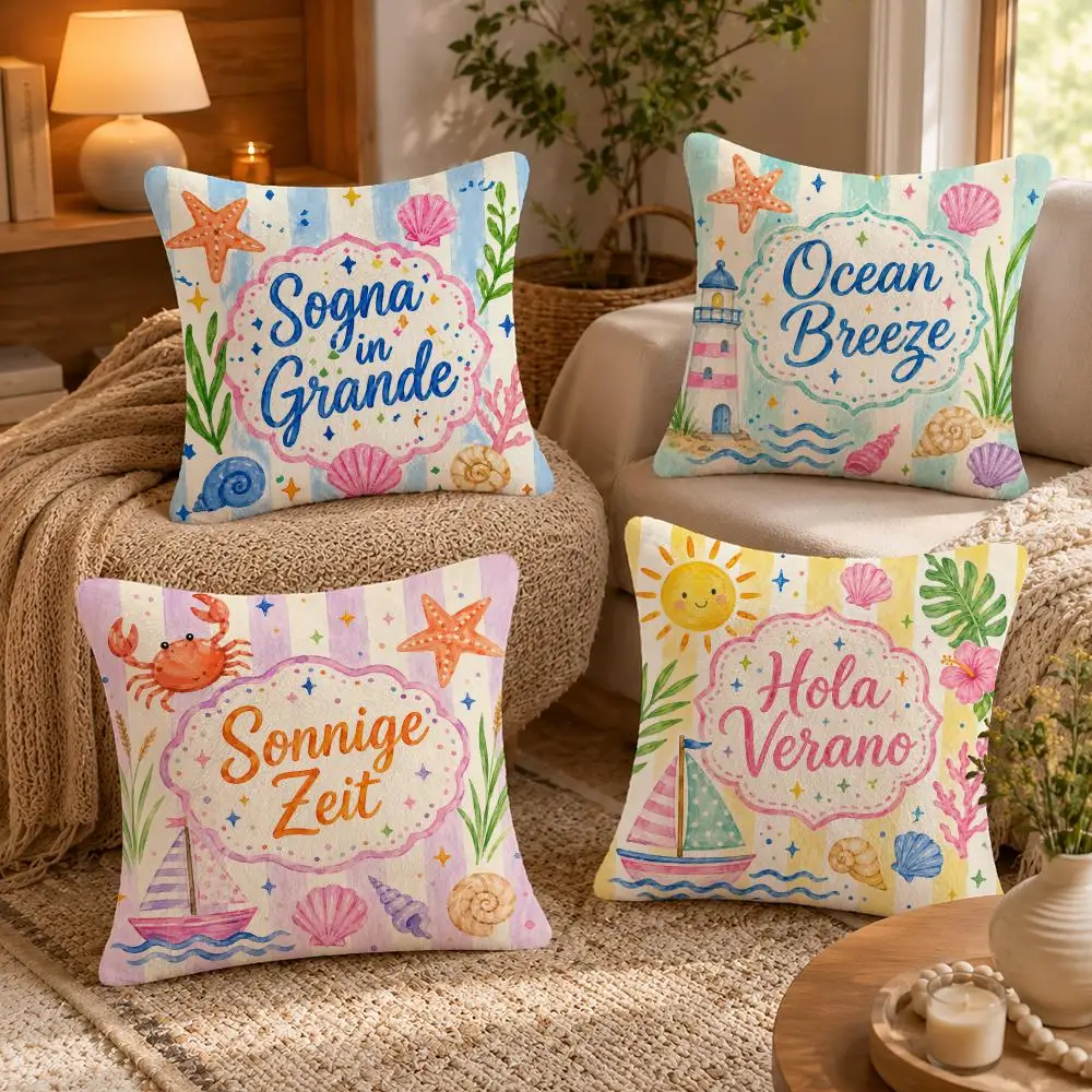 Beachy Tropical Summer Cushion Cover Soft Short Plush Pillow Case Double Sided Print Washable Sofa Bed Home Decor Gift