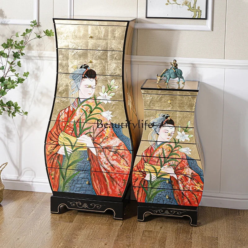 New Chinese-style painted chest cabinet corner drawer bedroom storage gold foil decorative cabinet