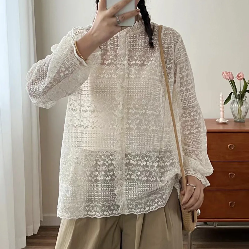 고품질 여성용 100% 면 레이스 블라우스 셔츠 데일리 싱글 레이스 속이 비치는 새틴 새 패션 셔츠 블라우스