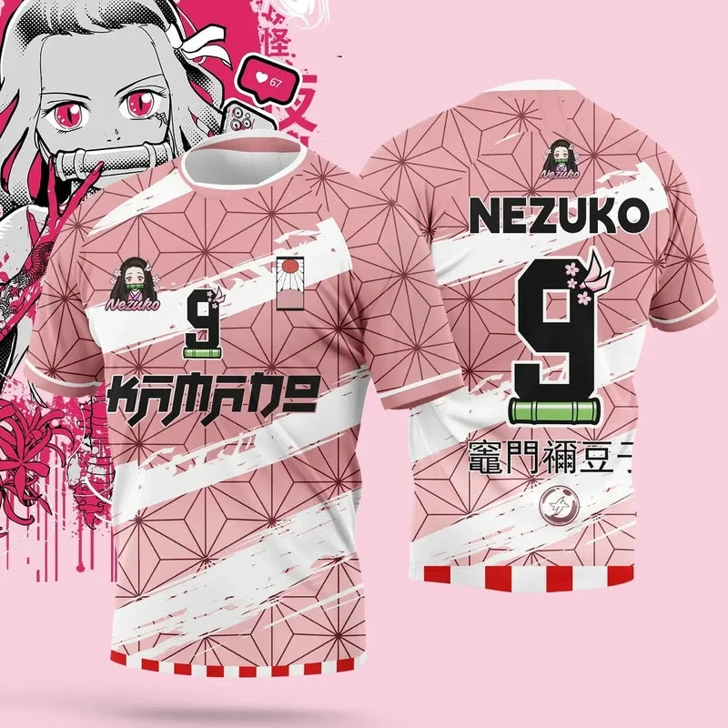T-shirt Nezuko Kamado Demon Slayer pour hommes et femmes # T-shirt décontracté respirant style jersey avec impression rose par sublimation intégrale pour le streetwear