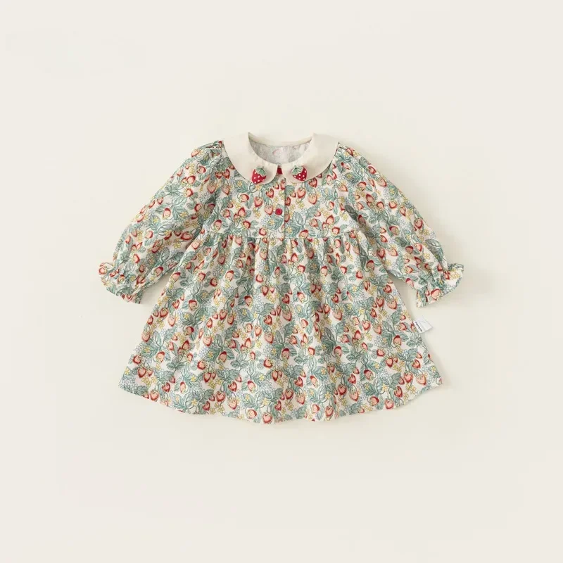 Baby Meisjes A-lijn Jurk Herfst Leuke Aardbei Print Peter Pan Kraag Lange Mouw Prinses Jurk Zoete Kinderkleding A7218