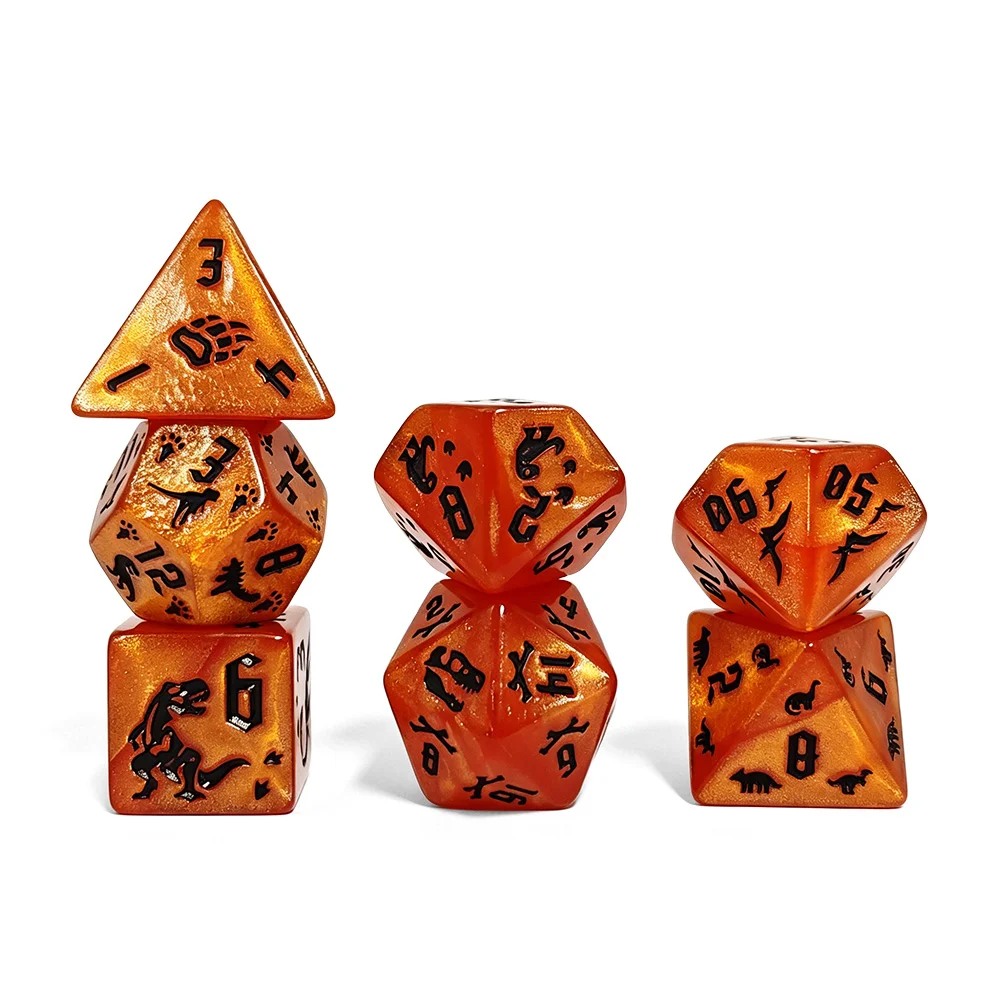 Jurassic Amber Orange Dinosaur Theme Dice Set, Orange Engraved DND Dice for Prehistoric TTRPG Games DND Dice for RPG Games view 4