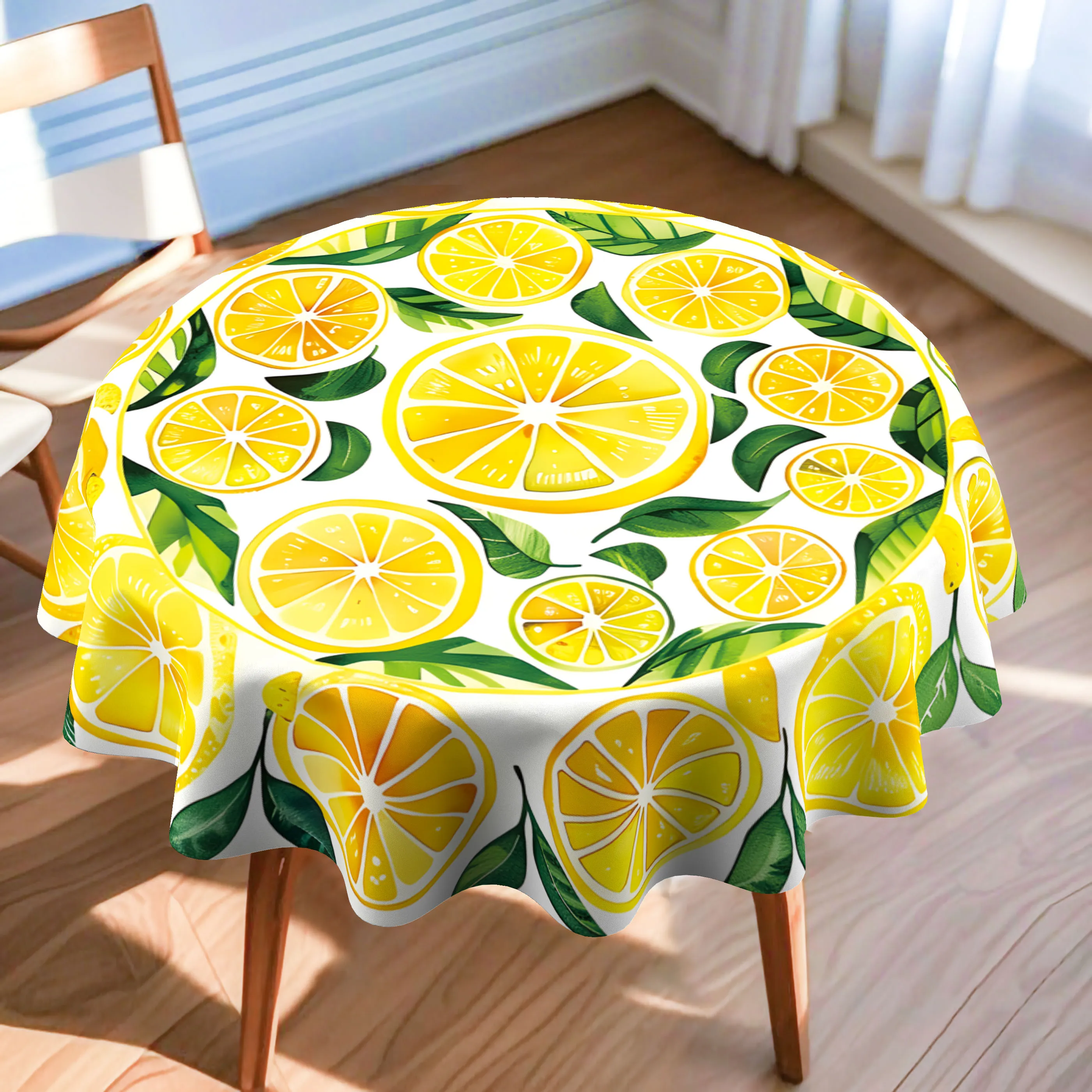 Round tablecloth with yellow lemon pattern print. 2D flat print.