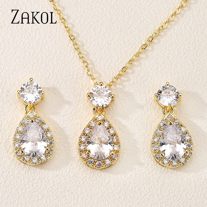 ZAKOL Luxury Geometric Water Drop Cubic Zirconia Jewelry Sets for Women Exquisite Engagement Jewelry Wedding Jewellery Set