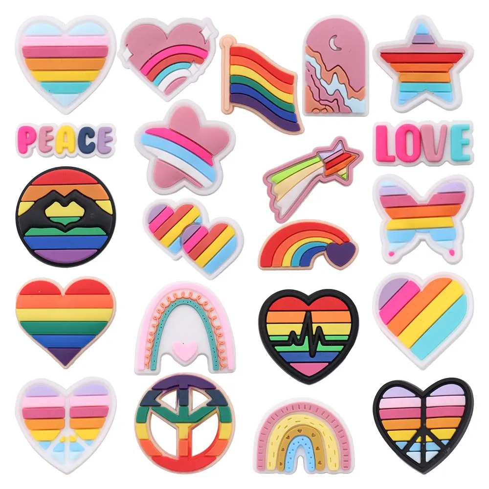 1-21PCS Heart Love Peace Flower Rainbow Star PVC Shoe Button Charms Slipper Accessories Decorations Fit Wristband Adult Gift