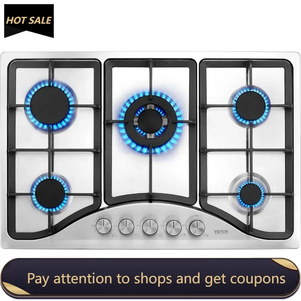 

30-inch Gas Cooktop, 5 Burners Built-in Gas Stove Top, Max 12250BTU NG/LPG Convertible Stainless Steel Natural Gas Hob