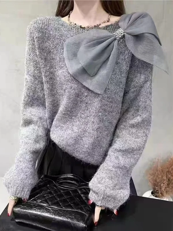 Faionable Knitted Knot Base irt Damen Lila Loose Fit Casual Sle Long Sve Round Ne Pullover Sweater