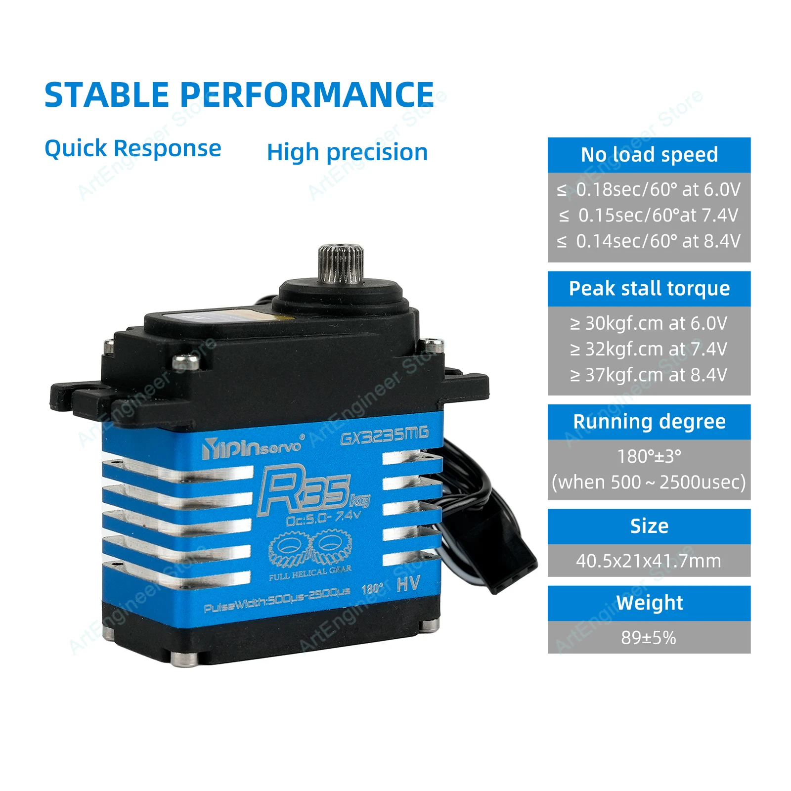 Servo digitale a coppia elevata da 35 kg con ingranaggio in metallo, controllo da 180 gradi, 5,0-7,4 V, barca robot per auto RC, blu YP3235SMG
