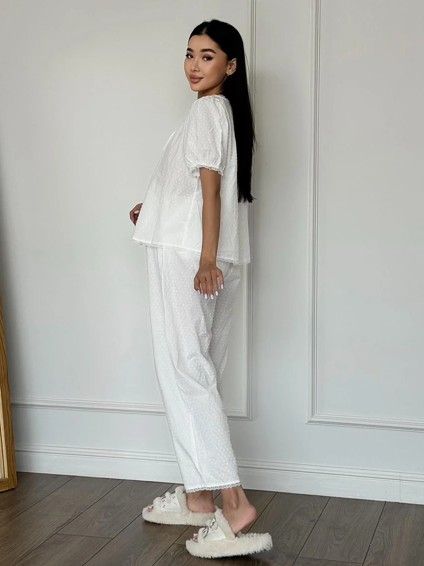 Marthaqiqi Cotton Women Nightwear Suit Lace Up Pajamas O-Neck Sleepwear Short Sleeve Nightie Pants Casual Ladies Nightgowns Set