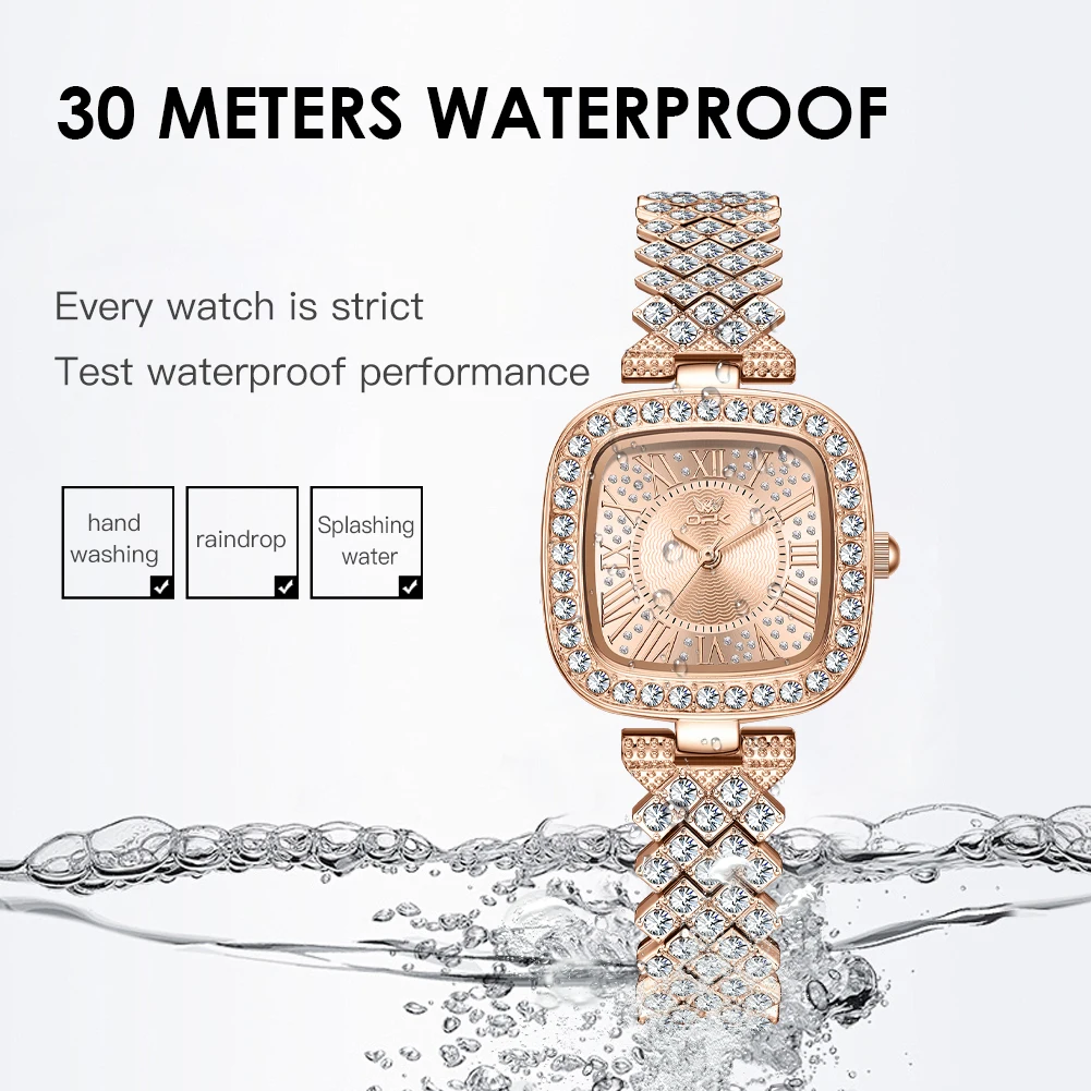 Zegarek damski kwarcowy OPK 6048 ze stalowym paskiem i kwadratową tarczą z otworami.