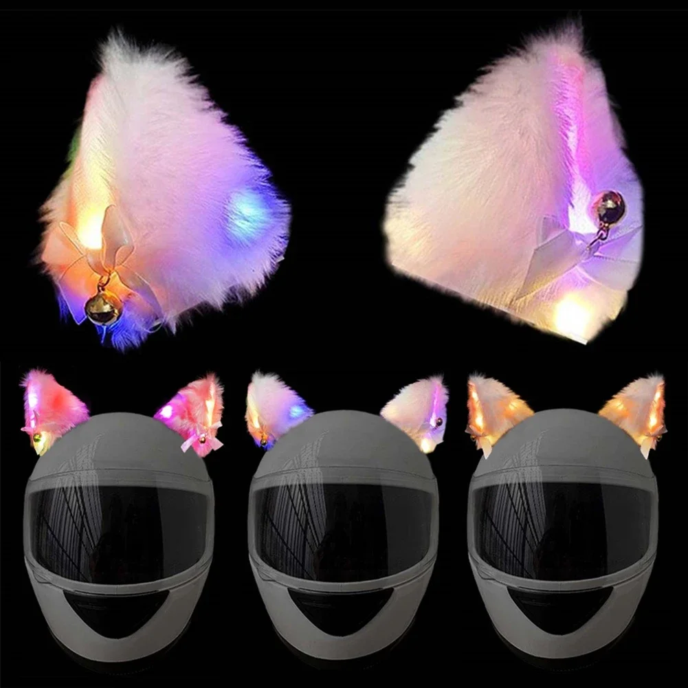 2Pcs Motorcycle Helmet Cat Ears Decoration  with Colorful LED Light Plush Motocross Helmet Full Face Off Road Helmet Decor