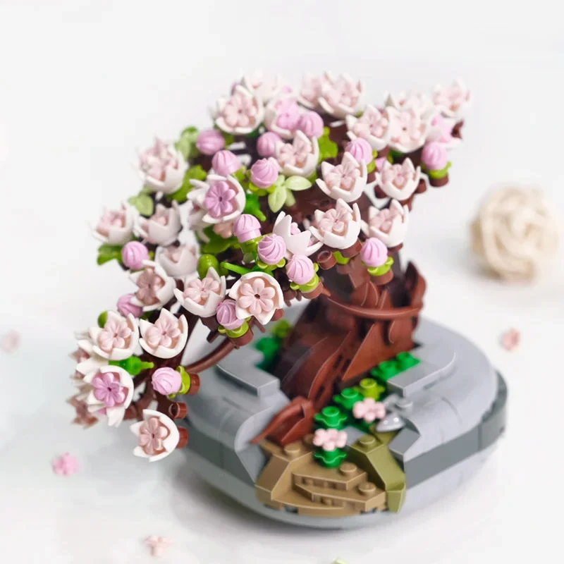 Cherry Flower Potted Succulent Bonsai - Mini Building Blocks for Living Room Decor , Halloween/Thanksgiving Day/Christmas gift