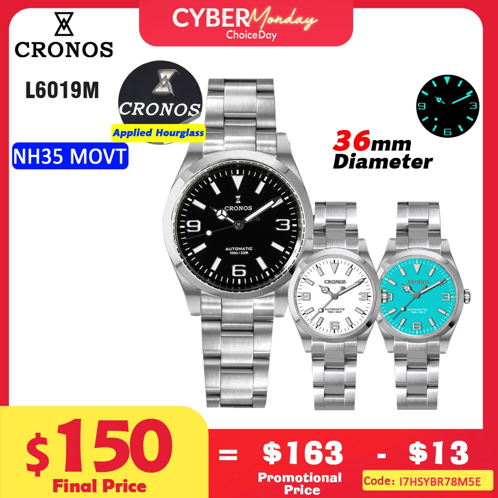 Cronos EX Mechanical Men Watch 36mm NH35 AutomaticSapphire Glass Bushed Bracelet 10ATM L6019