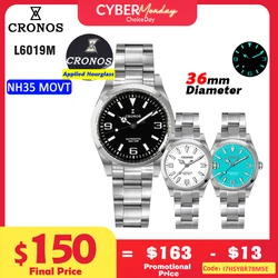 Cronos EX relógio mecânico para homens, 36mm, NH35, vidro de safira, pulseira bushed, 10ATM, L6019