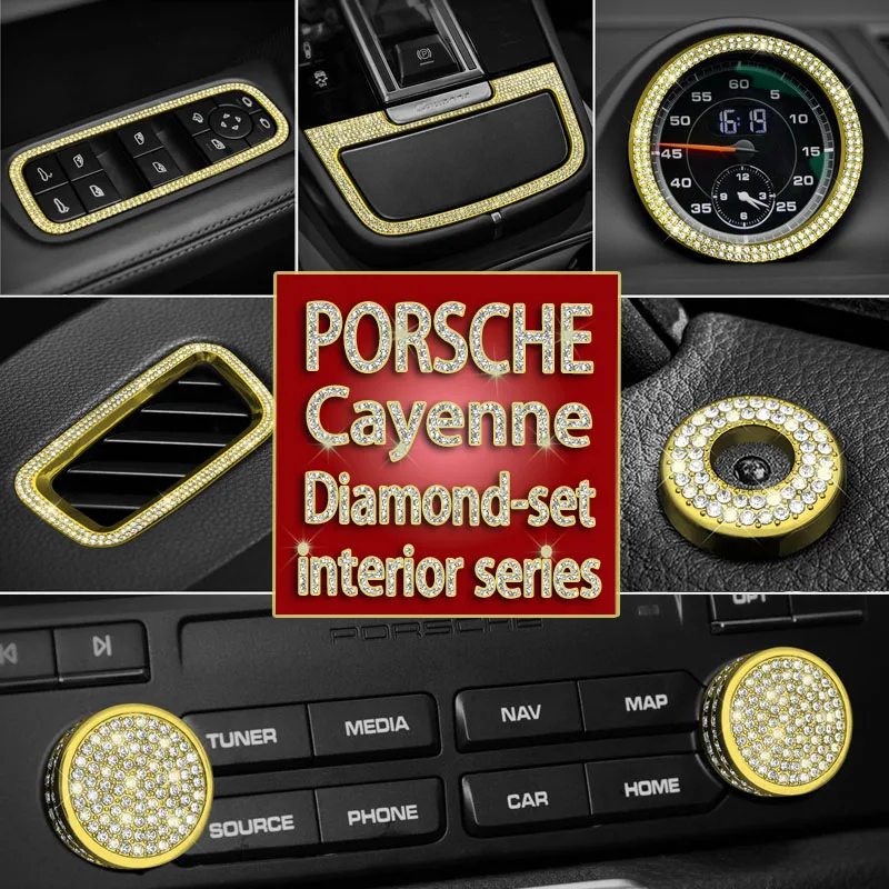 Metal Rhinestone Decals for Cayenne 2011‑2024, Steering Wheel Emblem Upgrade, Air Vent & One‑Touch Start Button Decor Stickers