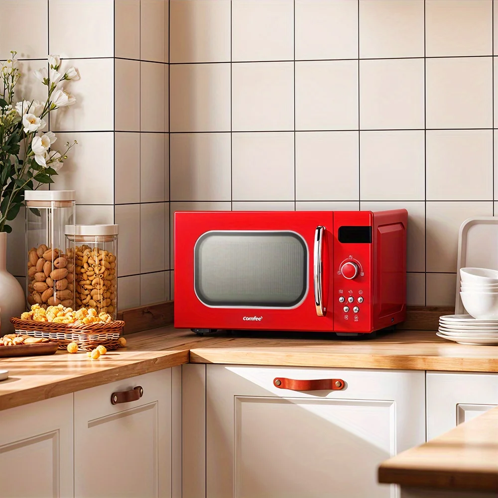 O forno micro-ondas retrô 800 W 19L é perfeito para cozinhar todos os dias, com 8 configurações automáticas, 5 opções de energia, cozimento expresso,
