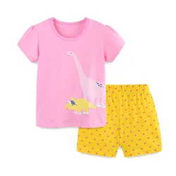 Two Piece Summer Girl Shorts Set Knitted Cotton Cute Cartoon Dinosaur Print Round Neck Pullover Two-Piece Set 2-7Y