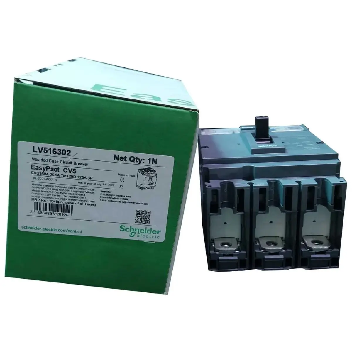 LV516302 EasyPact CVS160B circuit breaker, 25 kA at 415 VAC, 3P 3d, TM-D 125 A trip unit