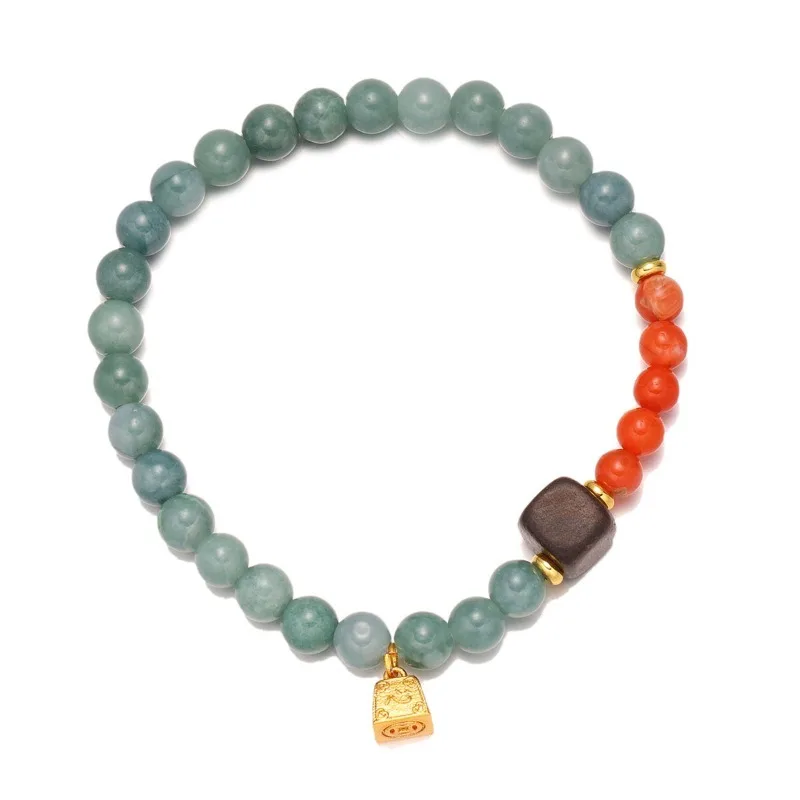 New Chinese Style Blue Jadeite Nanhong 6mm Bead Bracelet with Sandalwood Gold Plated Pendant Lucky Gifts