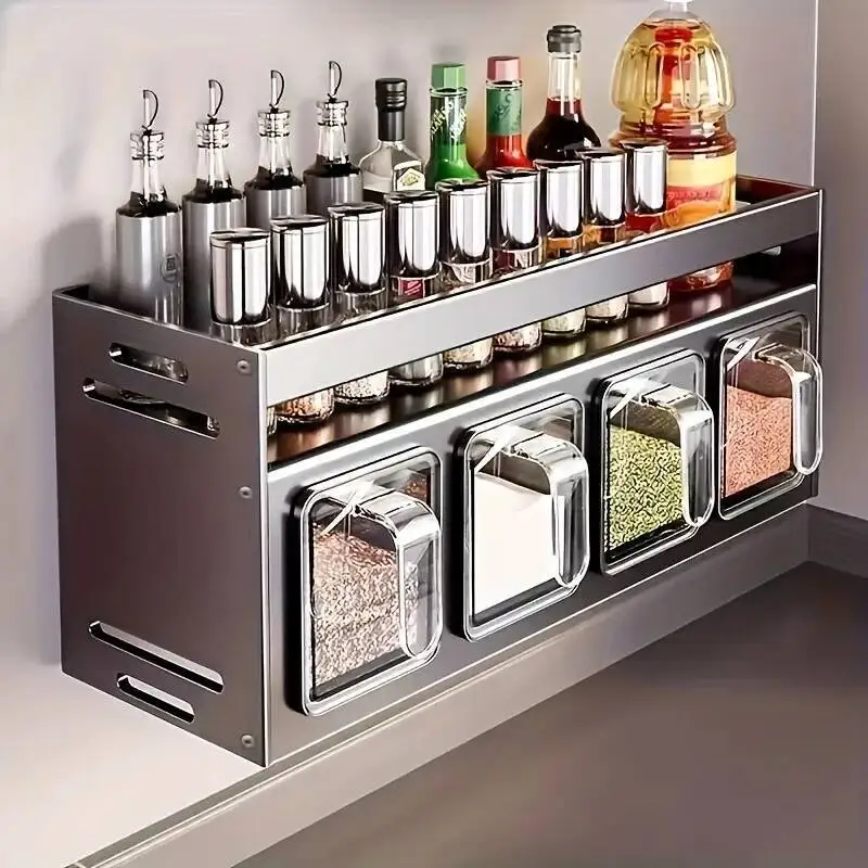 

Wall-mounted spice rack organizers have no drilling space. Durable kitchen storage must have a home
