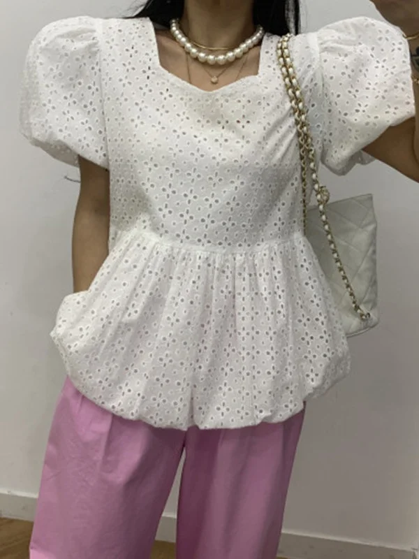 

Sweet Slimming Lace Embroidered Shirt Women's 2026 Summer New Style Korean Style Bubble Sleeve Top Polyester Fiber Short Sleeve