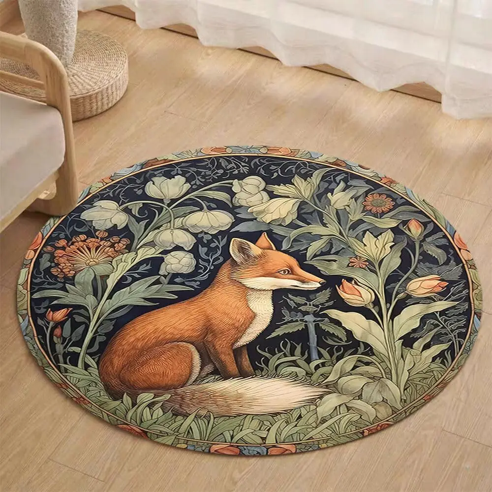

William Morris Cute Circle Rugs,Woodland Animals Round Area Rug 44Inches,Round Cartoon Rug,Large Round Bathroom Non-Slip Rug