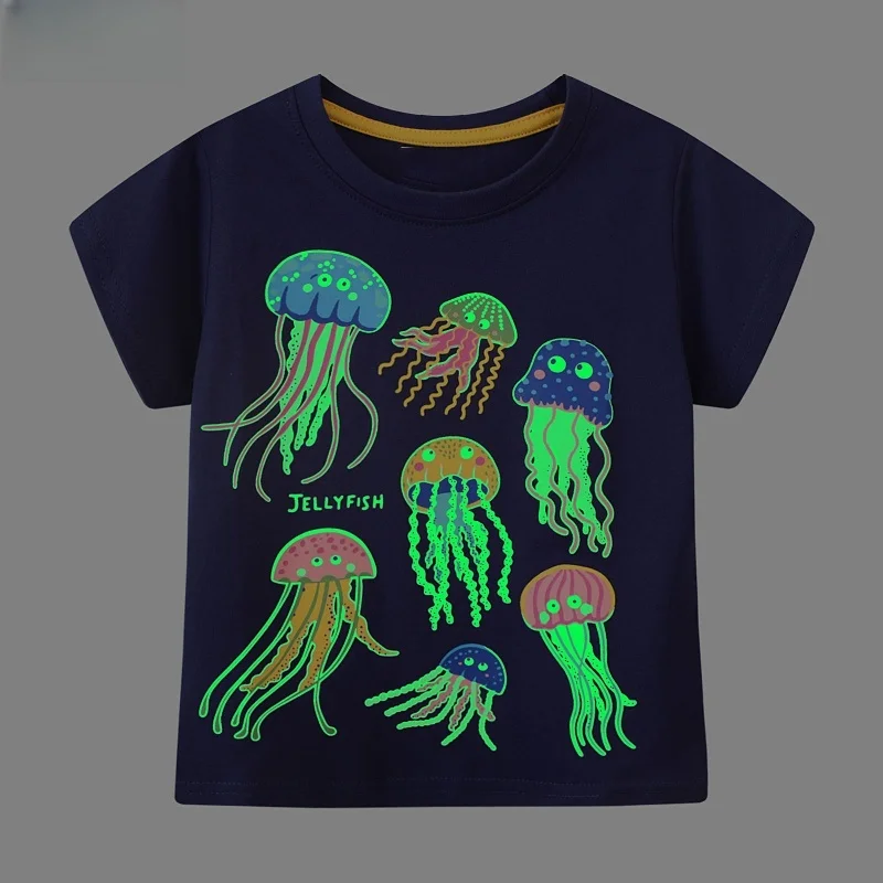 Luminous Boys' Navy Blue Short Sleeve T shirt with Glow in the Dark Jellyfish Print - Suitable for Ages 2-7y