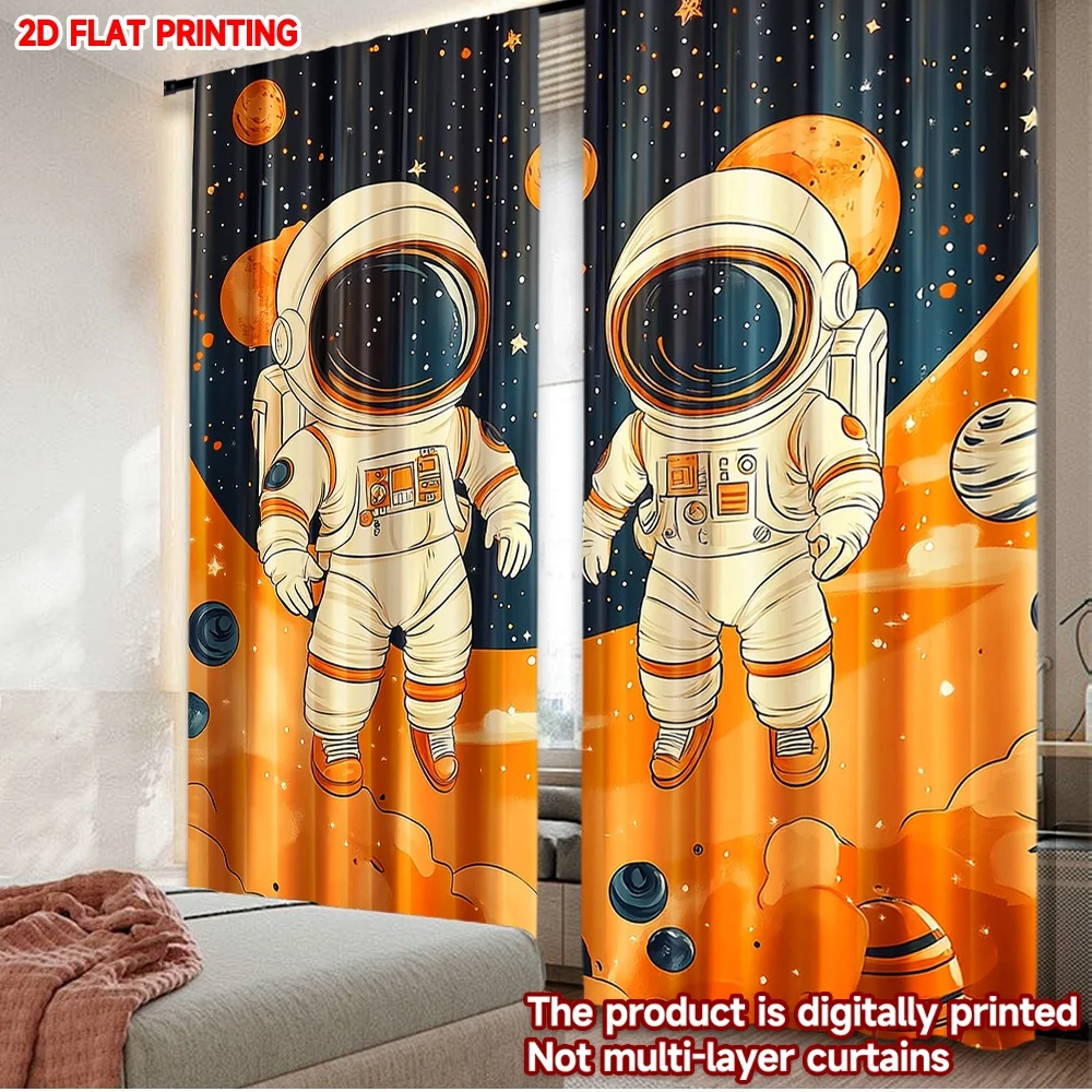 

2D плоская печать, 2 шт. штор с изображением астронавтов в космосе, цифровая печать, полиэстеровые занавески, украшения для вечеринок, для спальни