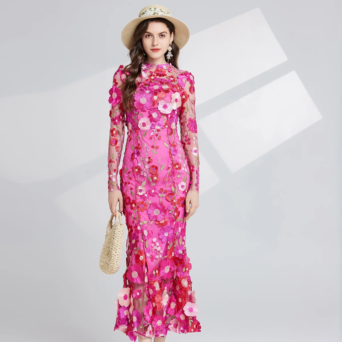 

ALPHALMODA 2025 New, Luxury Fairy Dress, Heavy Work, Embroidery, Flower, Long Sleeved Dress, Slim Mermaid Dress,