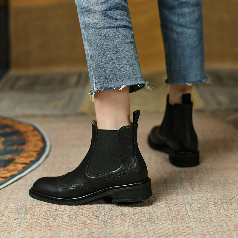 Women's Genuine Leather Chelsea Ankle Boots - Black Low Block Heel