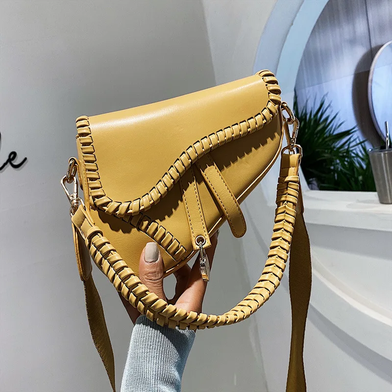 Luxury Brand Saddle Design Women's Shoulder Bag Weave Handle Female Multifunction Party Purse Bag Solid Color Lady Small Handbag