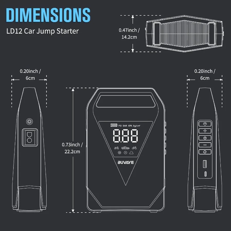مشغل قفز السيارة المحمول مع ضاغط الهواء 150 رطل لكل بوصة مربعة وتيار الذروة 4500 أمبير لمركبات الغاز 12 فولت معزز البطارية المدمجة مع B
