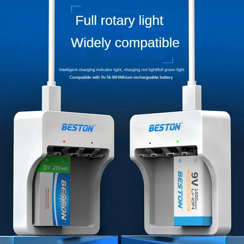 LED Indicator Lithium/NiMH Battery 9V Battery Intelligent Charger with Cable 2-Slot 9V Rechargeable Battery Charger