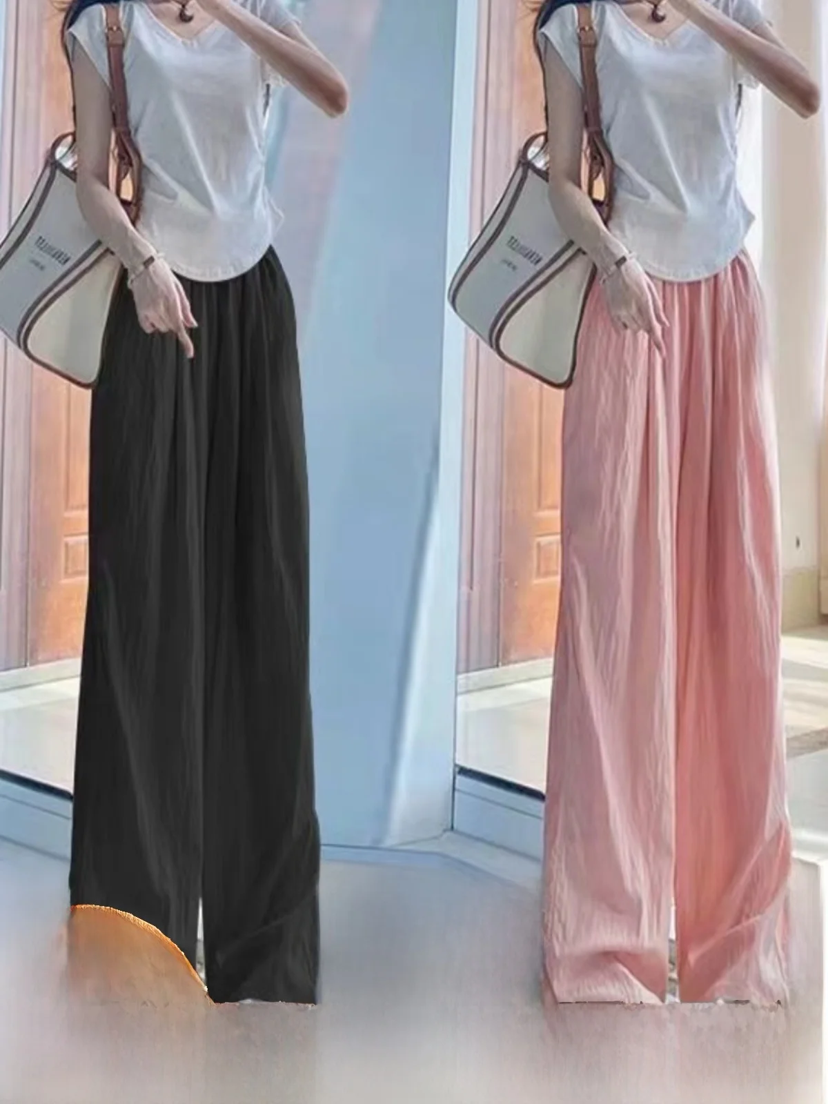 

Широкие брюки из ледяного шелка с высокой талией, драпированные, свободного кроя, женские, летние 2024, в корейском стиле, простой дизайн, длинные брюки для повседневной носки