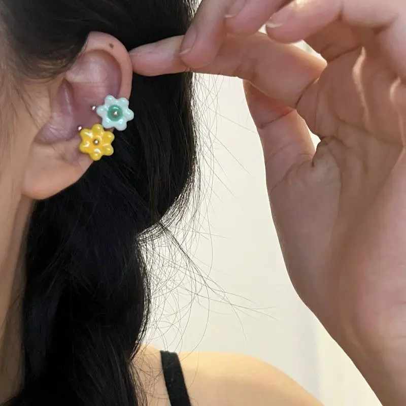 Fashion Colorful Flower Ear Cuff Earcuff Fake Piercing Earring For Women Girls Kpop Goth Vintage Y2k Aesthetic EMO Jewelry Gifts