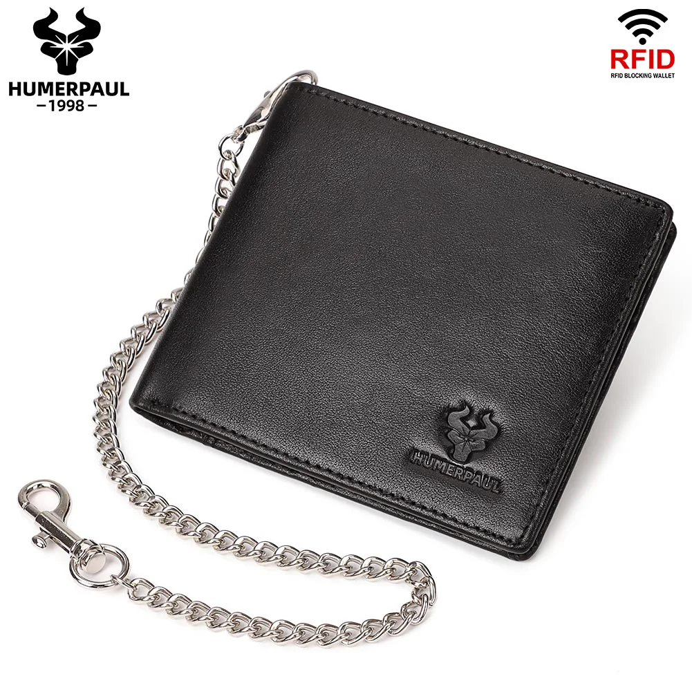 HUMERPAUL Genuine Leather For Men Short Wallet Vintage Large-capacity With Anti-theft Chain Credit Card Holder Purse RFID