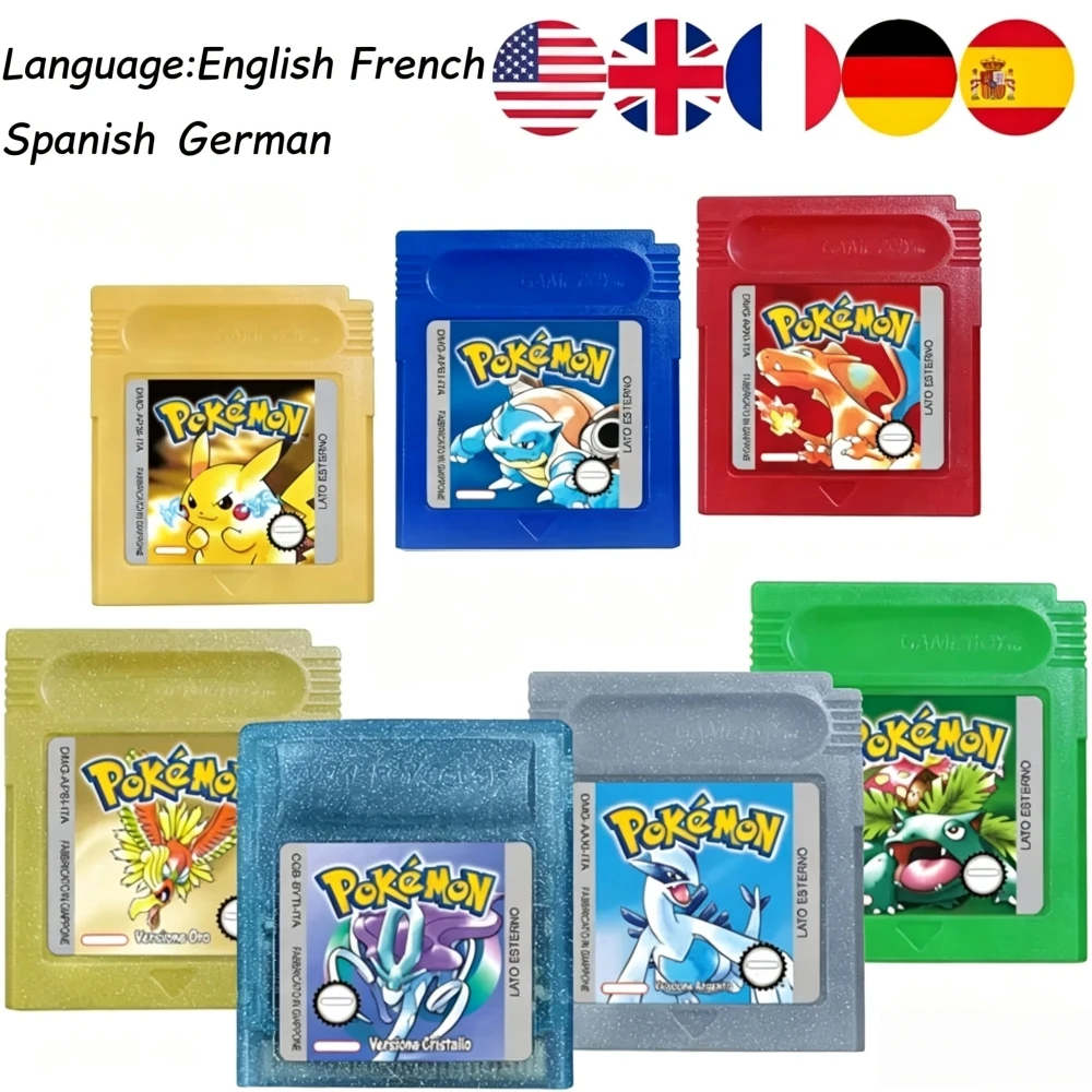 HOT USA ESP FRA GBC Pokemon Cartridge Bundle Red/Blue/Crystal/Gold/Silver/Yellow/Green Multilingual Pokemon Game Card GamingGift