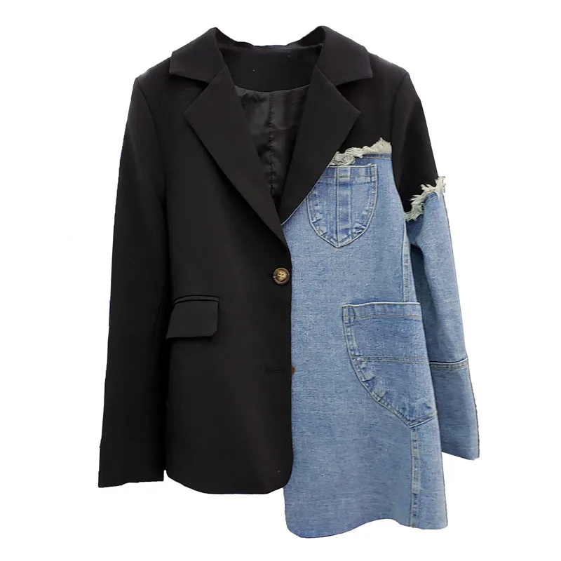 Korean Style Suit Jacket Female 2023 Spring and Autumn New Irregular Denim Stitching Loose Long Sleeve Blazers for Women