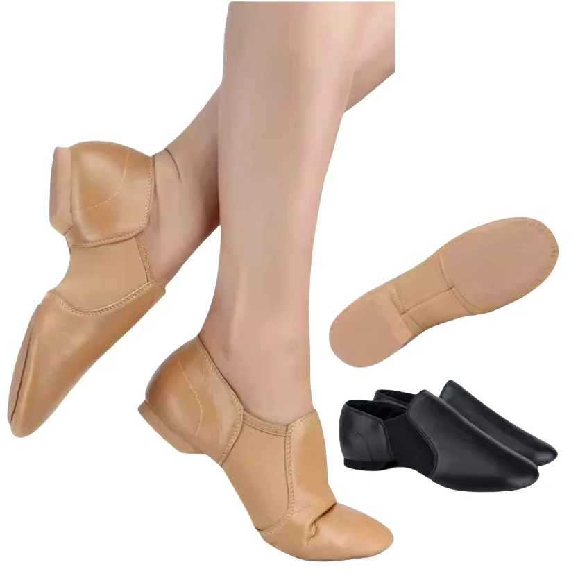 Slip-on Genuine Leather Jazz Dance Shoes Tan Black Antiskid Sole Ballet Shoes High Quality Adult Dance Sneakers For Girls Women