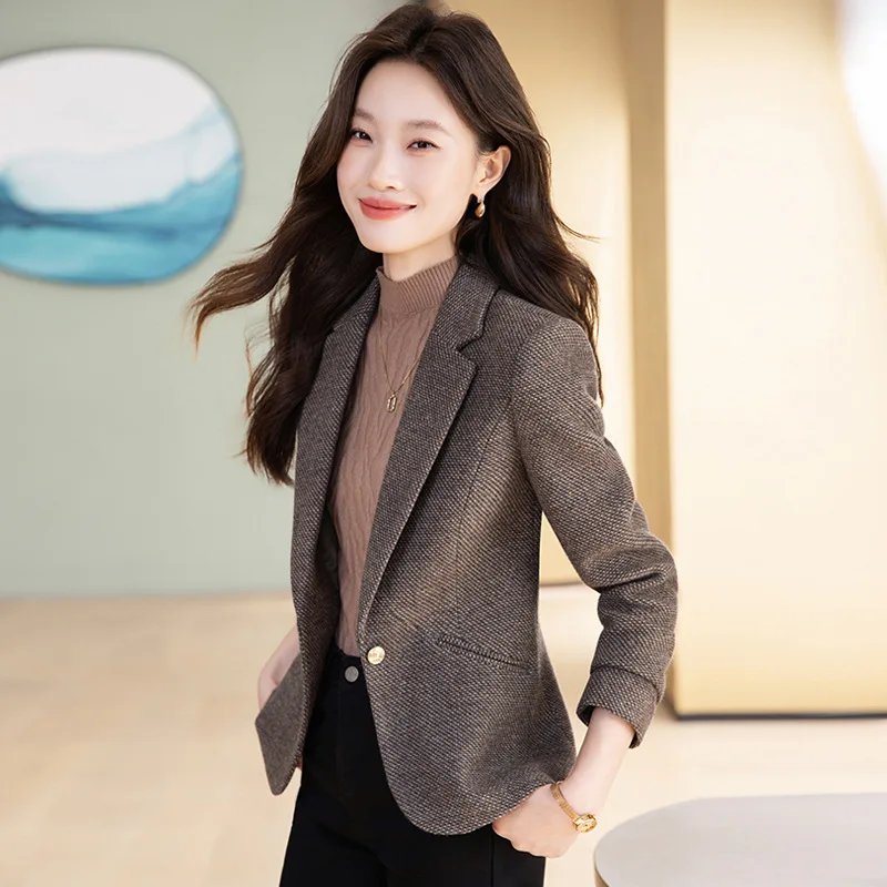 Women's Woolen Blazer, New Autumn Winter Long-Sleeve Professional Attire, Stylish And Elegant Casual Slim-Fit Jacket
