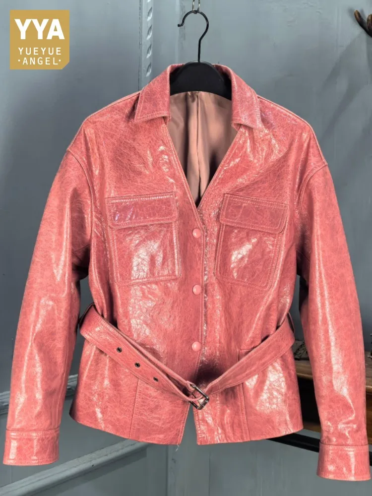 Concise Female Sashes Solid Color Genuine Leather Jacket Fashion Single Breasted Handmade Lapel Long Sleeves Sheepskin Outerwear