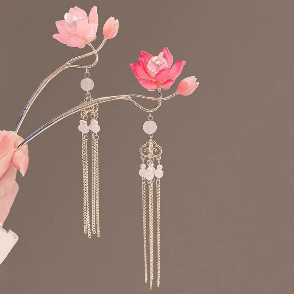 Flower Lantern Hairpin Glowing Luminescent Lotus Tassel Hair Stick Chinese Style Hair Sticks for Buns LED Light Hair Fork