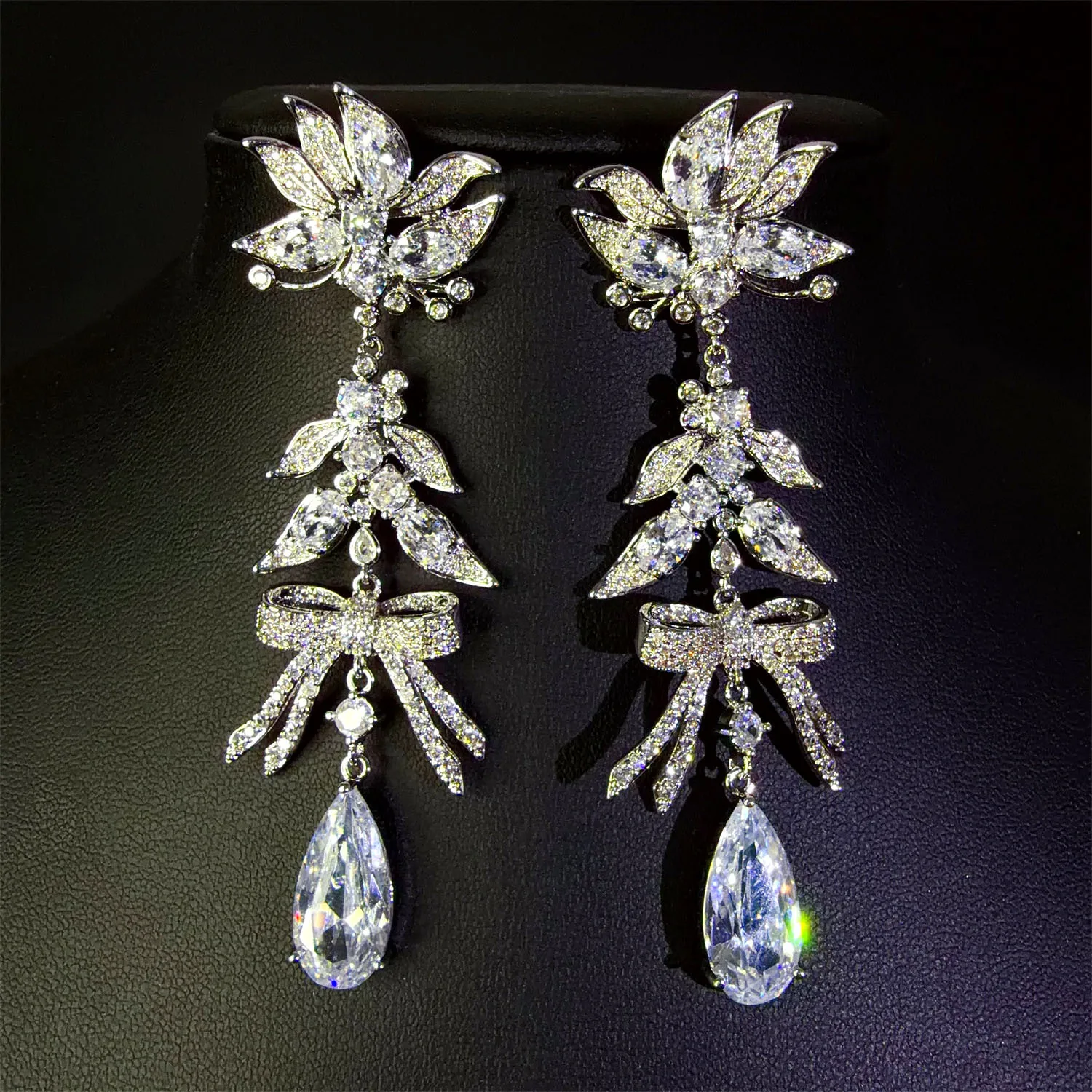 shiny zircon earrings for women jewelry for gala event party silver color pink bowknot plant leaf dangling earrings