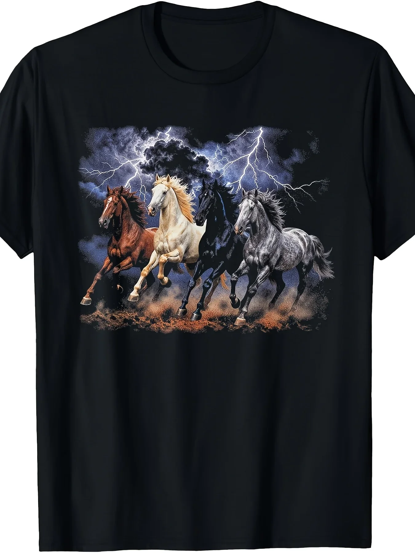 Running Horses Vintage 90S Lightning Storm Western Cowboy T-Shirt Retro Casual Short-Sleeve T-Shirt with Round Neck and Printed