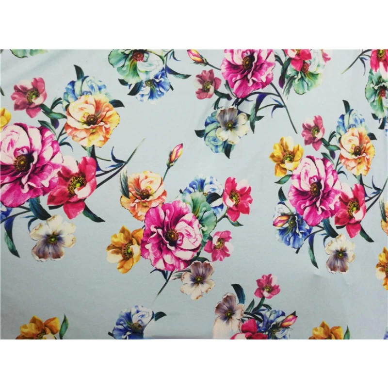 New Flower Type Light Blue Bottom Big Flower Milk Silk Printed Fabric Dress Long Skirt Cheongsam DIY Fabric