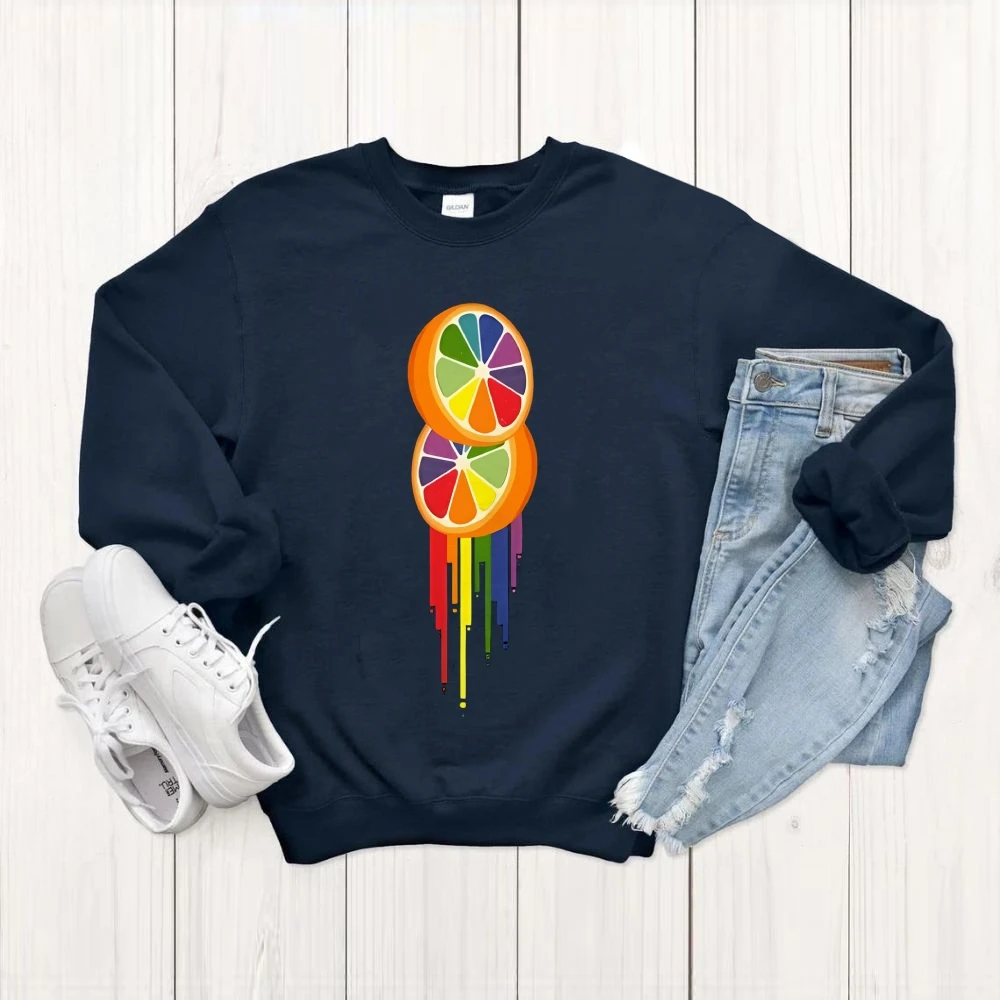 Regenboog Citrus Slice Sweatshirt Leuk fruitig patroon Casual losse lange mouwen Kleurrijke trendy comfortabele streetwear stoffen tops
